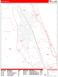 Palm Coast Wall Map Zip Code Red Line Style 2024